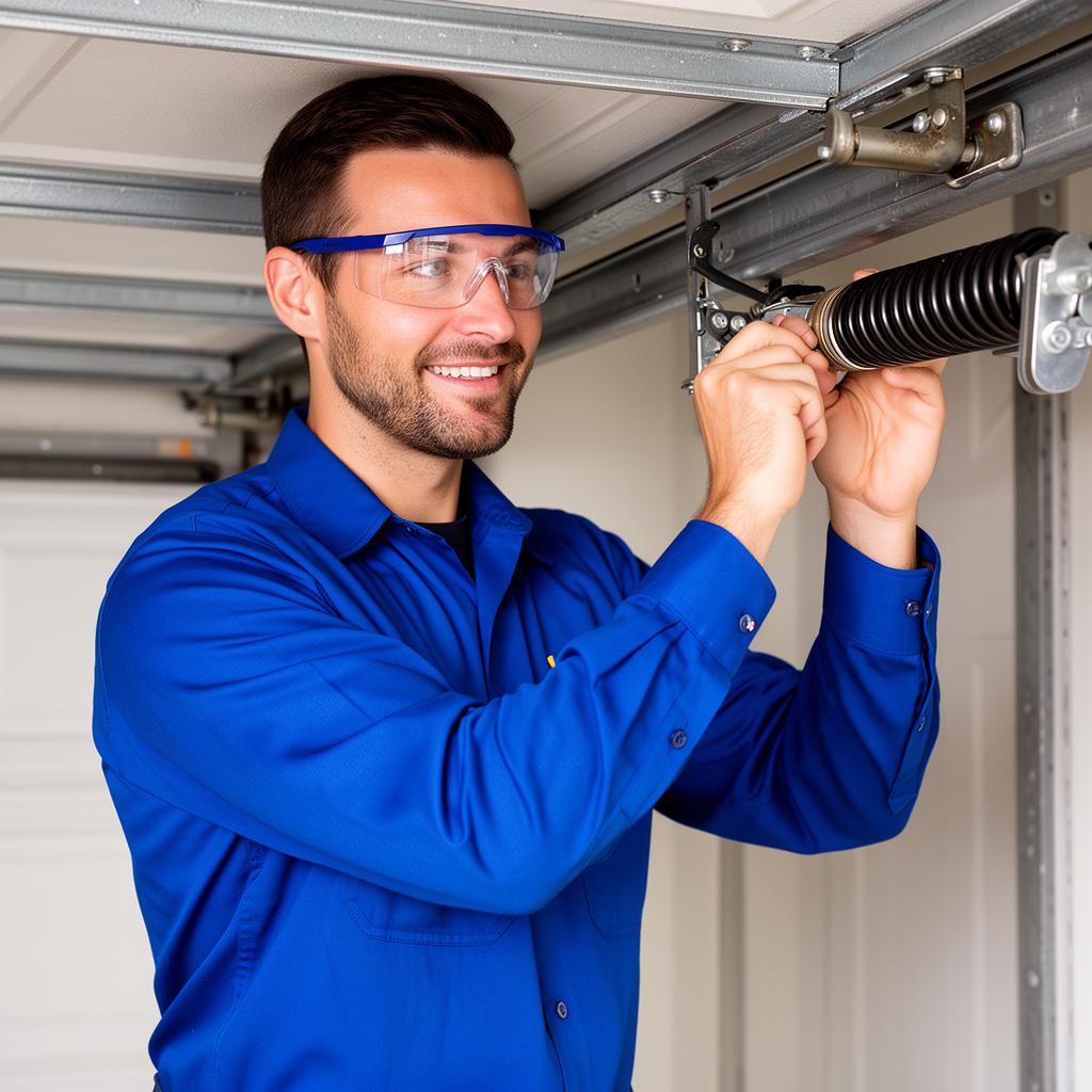 Salisbury Garage Doors professional technician inspecting garage door springs, friendly and trustworthy service